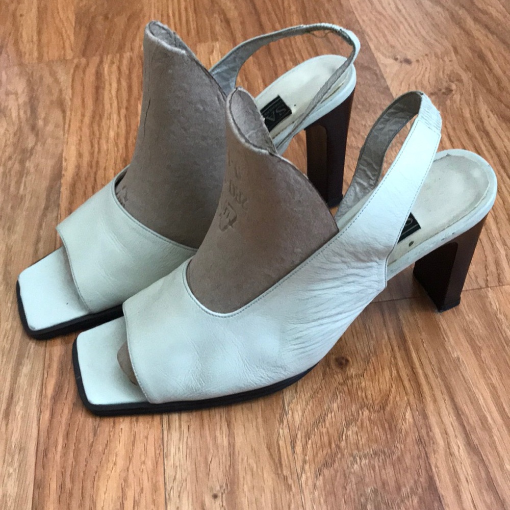White open-toe leather heels